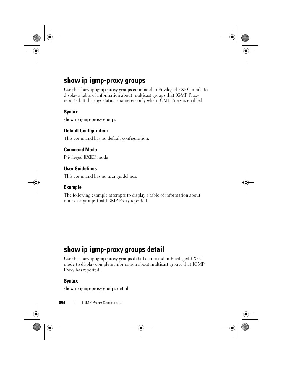 Show ip igmp-proxy groups, Syntax, Default configuration | Command mode, User guidelines, Example, Show ip igmp-proxy groups detail | Dell POWEREDGE M1000E User Manual | Page 894 / 1682