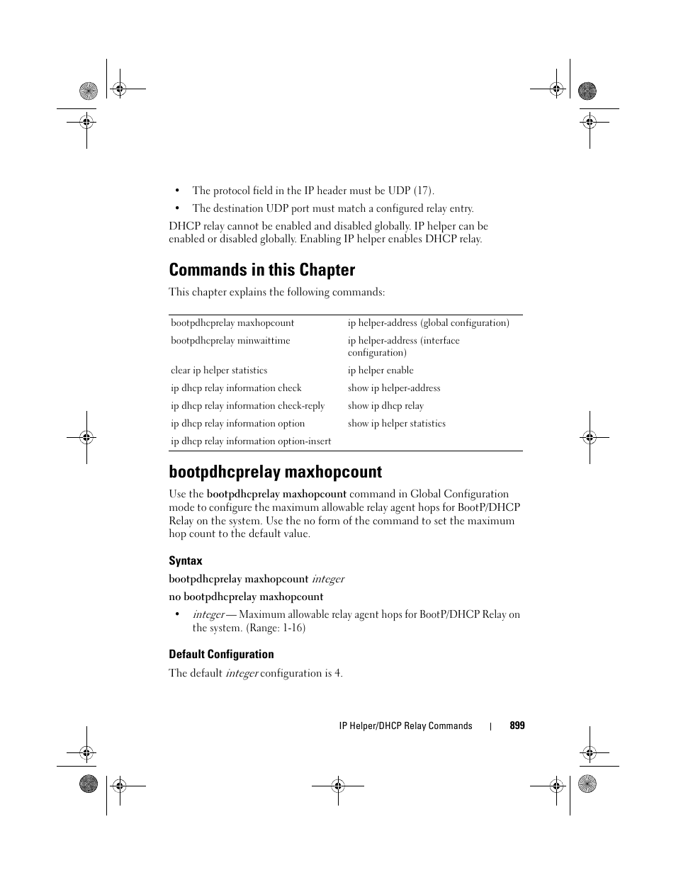 Commands in this chapter, Bootpdhcprelay maxhopcount, Syntax | Default configuration | Dell POWEREDGE M1000E User Manual | Page 899 / 1682