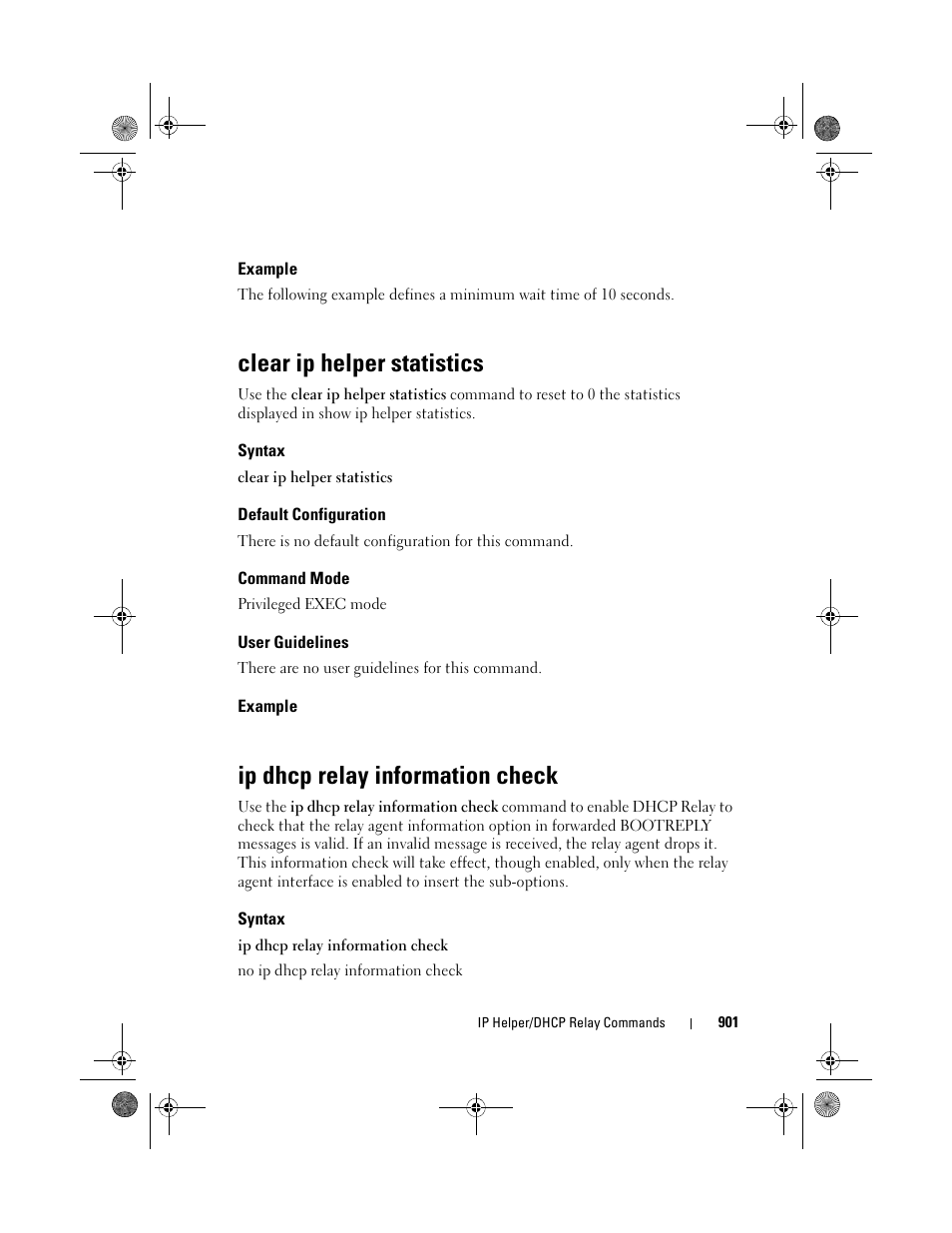 Example, Clear ip helper statistics, Syntax | Default configuration, Command mode, User guidelines, Ip dhcp relay information check | Dell POWEREDGE M1000E User Manual | Page 901 / 1682