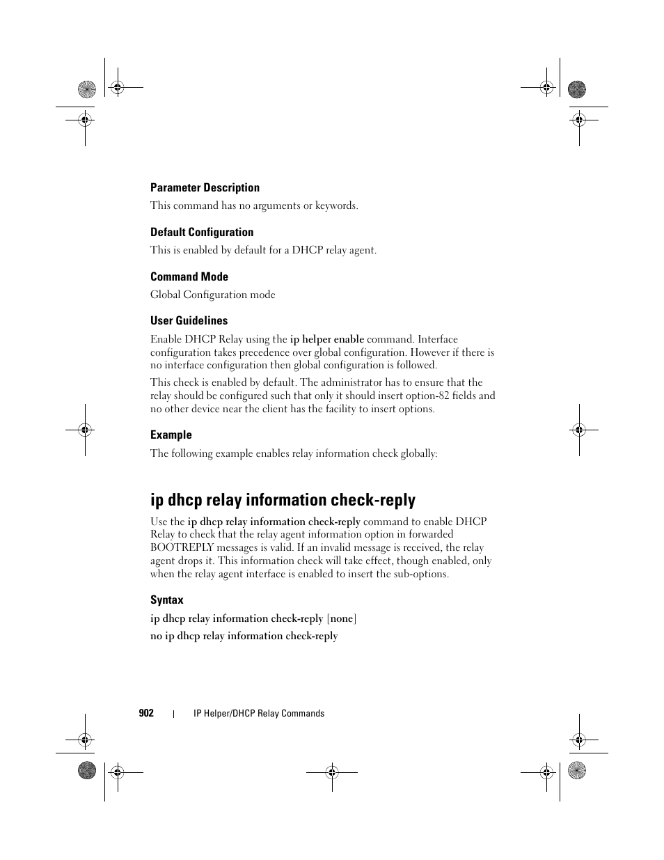 Parameter description, Default configuration, Command mode | User guidelines, Example, Ip dhcp relay information check-reply, Syntax | Dell POWEREDGE M1000E User Manual | Page 902 / 1682