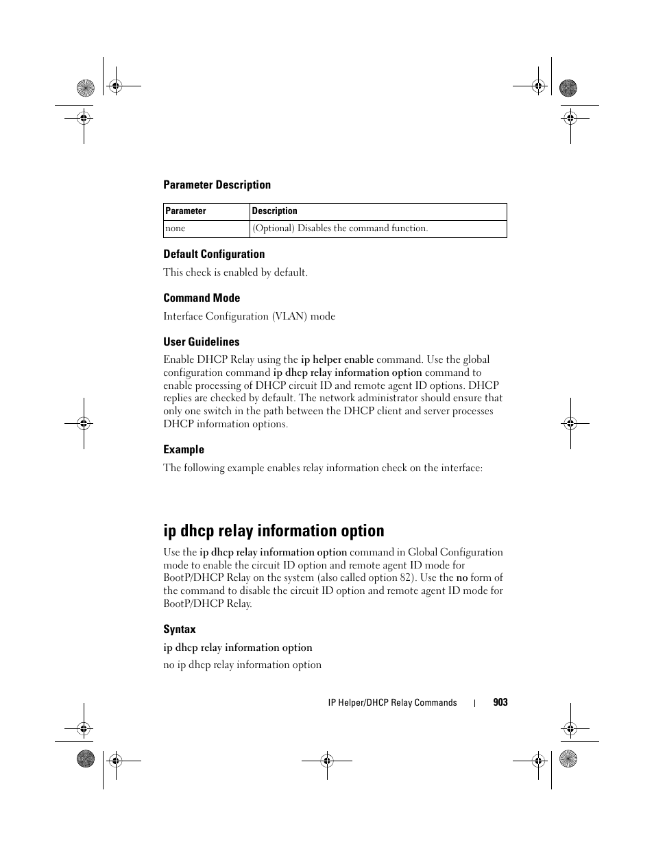 Parameter description, Default configuration, Command mode | User guidelines, Example, Ip dhcp relay information option, Syntax | Dell POWEREDGE M1000E User Manual | Page 903 / 1682