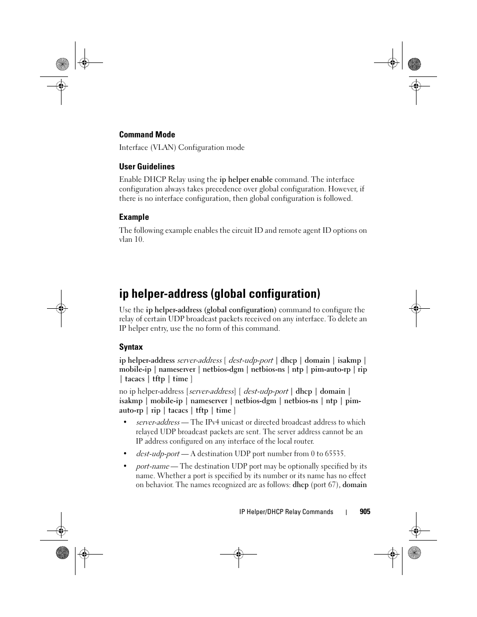 Command mode, User guidelines, Example | Ip helper-address (global configuration), Syntax | Dell POWEREDGE M1000E User Manual | Page 905 / 1682