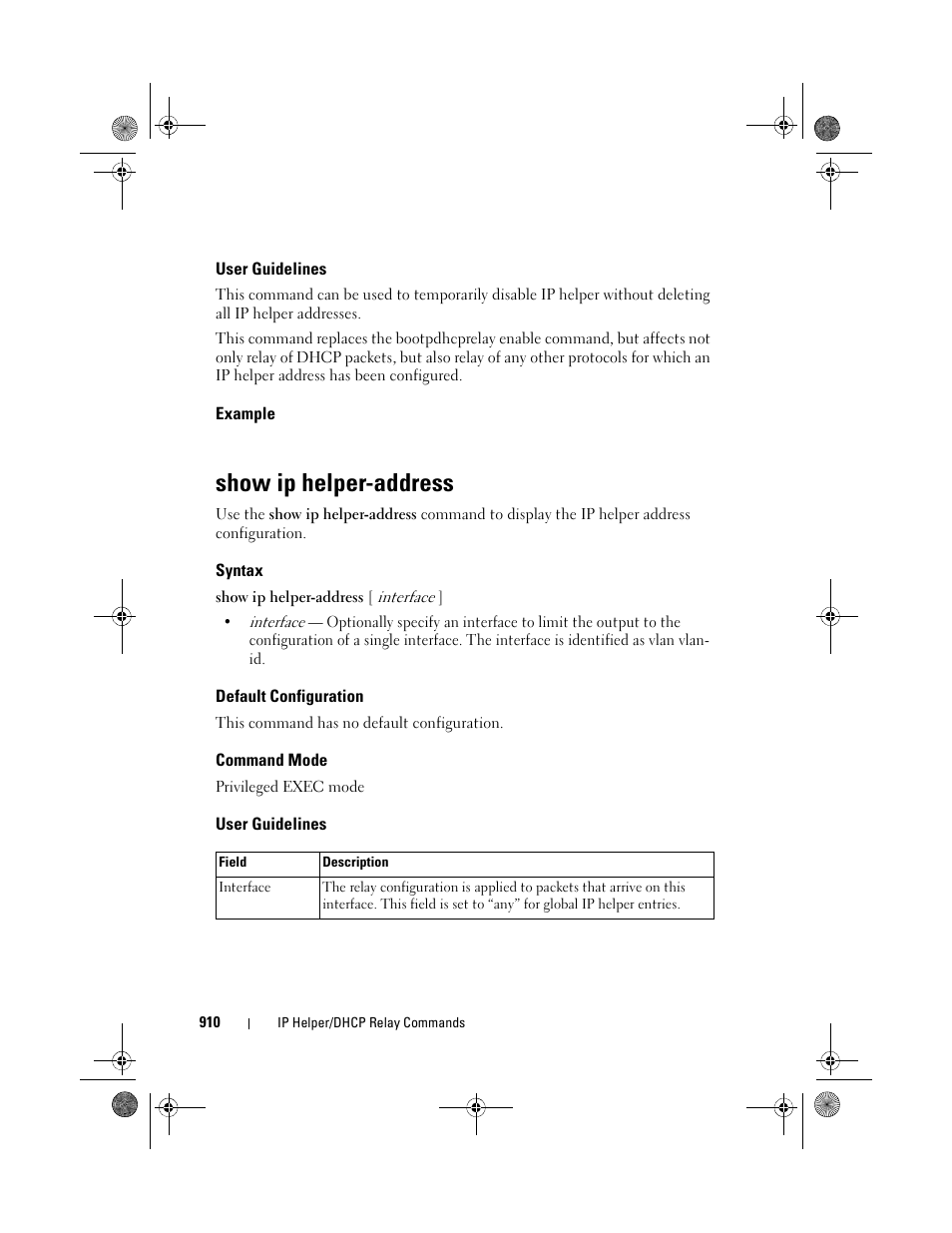 User guidelines, Example, Show ip helper-address | Syntax, Default configuration, Command mode | Dell POWEREDGE M1000E User Manual | Page 910 / 1682