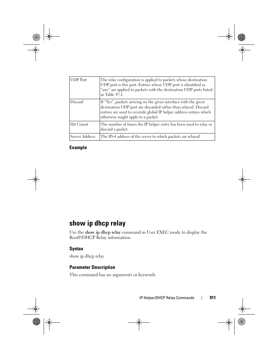 Example, Show ip dhcp relay, Syntax | Parameter description | Dell POWEREDGE M1000E User Manual | Page 911 / 1682