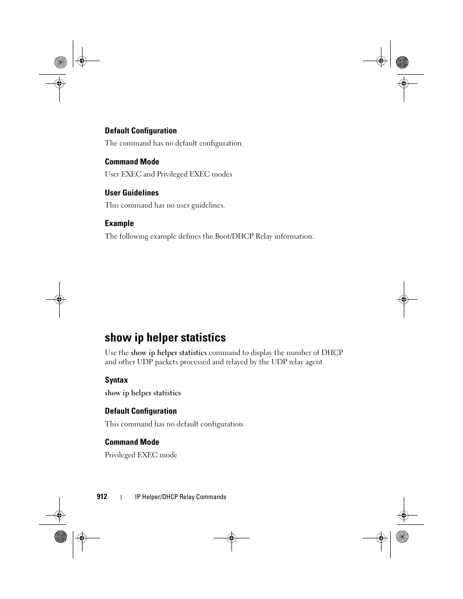 Default configuration, Command mode, User guidelines | Show ip helper statistics, Syntax | Dell POWEREDGE M1000E User Manual | Page 912 / 1682