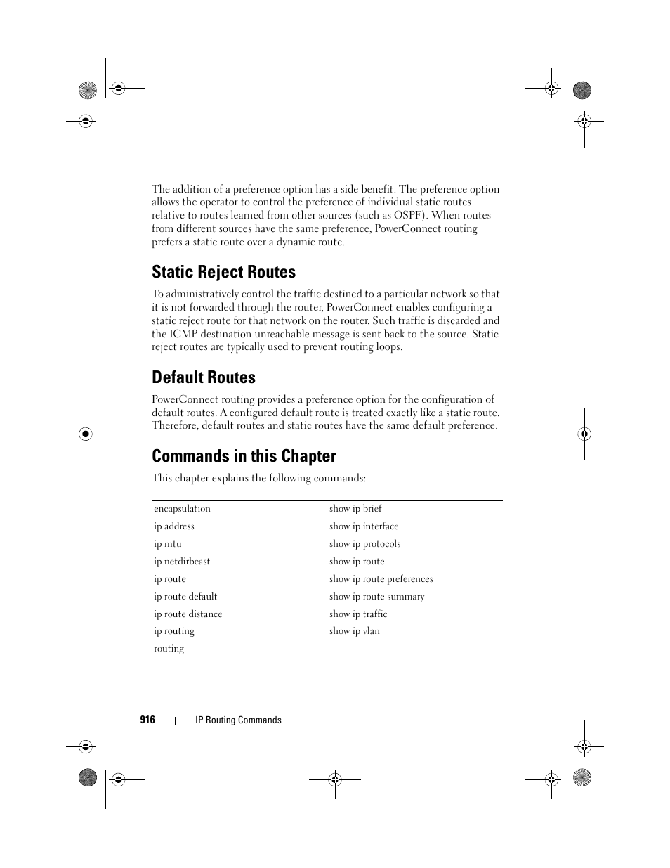 Static reject routes, Default routes, Commands in this chapter | Dell POWEREDGE M1000E User Manual | Page 916 / 1682