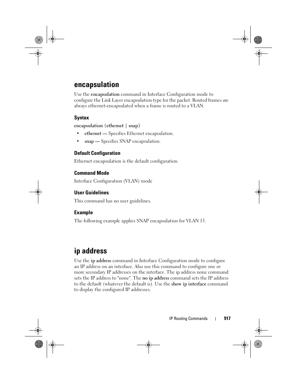 Encapsulation, Syntax, Default configuration | Command mode, User guidelines, Example, Ip address | Dell POWEREDGE M1000E User Manual | Page 917 / 1682