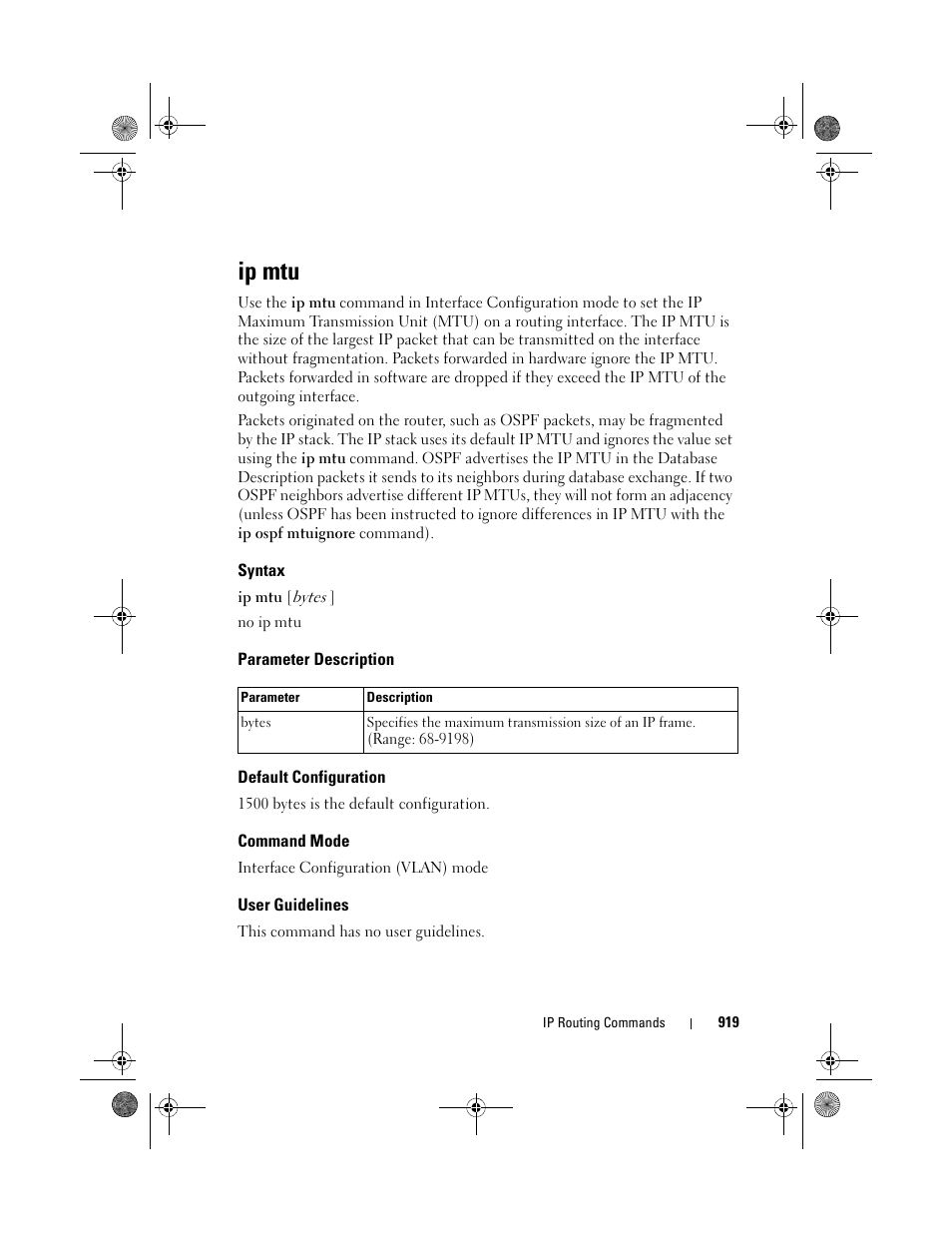 Ip mtu, Syntax, Parameter description | Default configuration, Command mode, User guidelines | Dell POWEREDGE M1000E User Manual | Page 919 / 1682