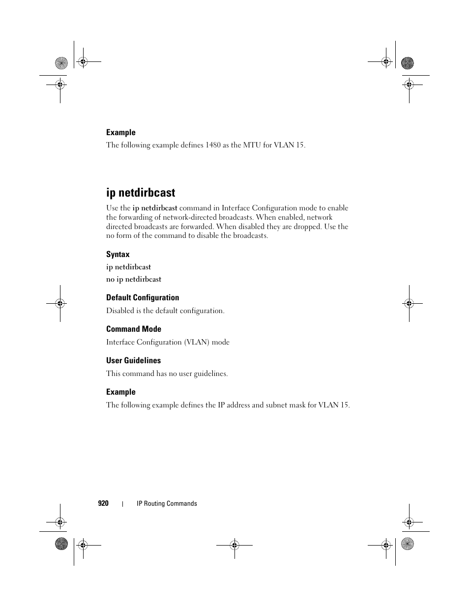 Example, Ip netdirbcast, Syntax | Default configuration, Command mode, User guidelines | Dell POWEREDGE M1000E User Manual | Page 920 / 1682