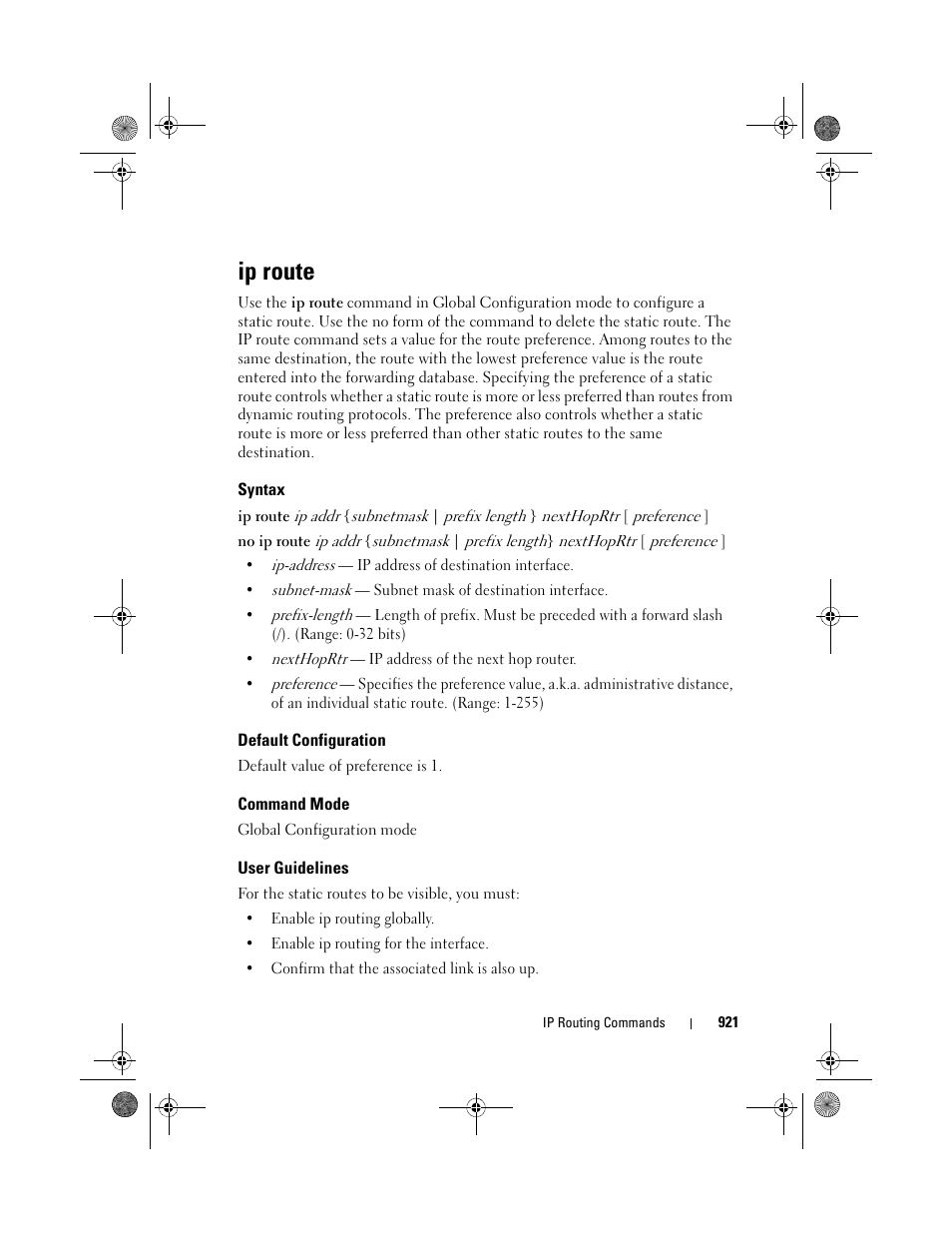 Ip route, Syntax, Default configuration | Command mode, User guidelines | Dell POWEREDGE M1000E User Manual | Page 921 / 1682