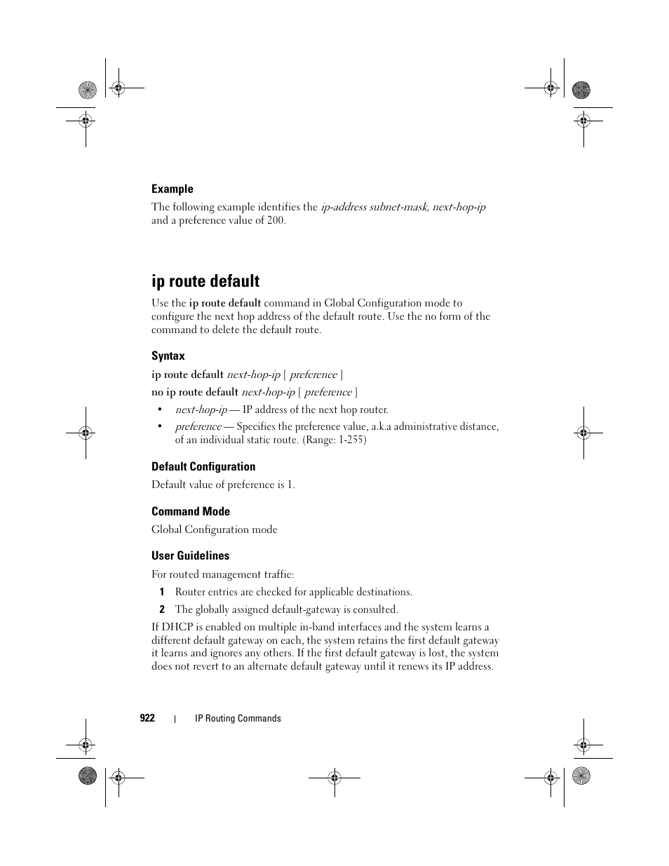 Example, Ip route default, Syntax | Default configuration, Command mode, User guidelines | Dell POWEREDGE M1000E User Manual | Page 922 / 1682