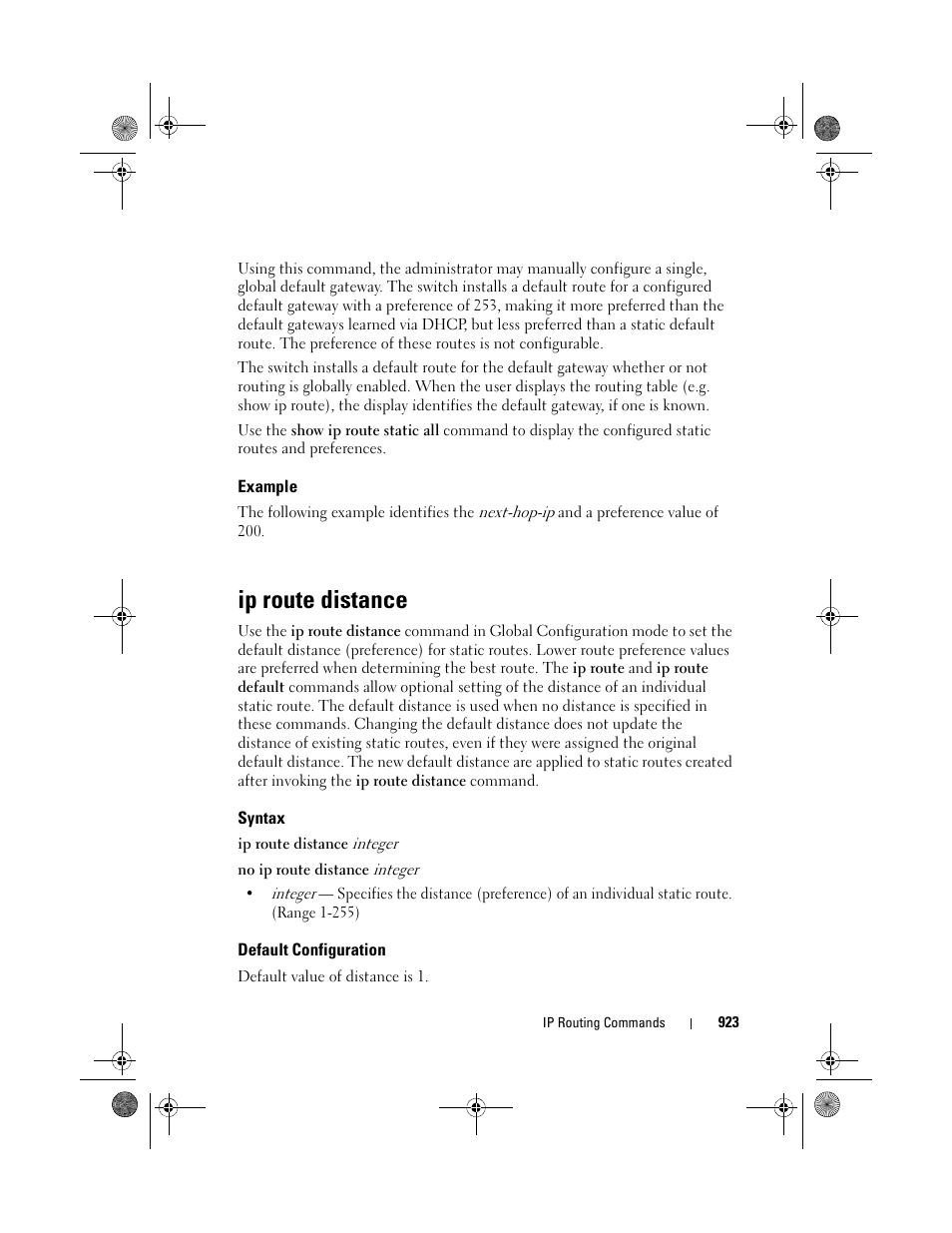 Example, Ip route distance, Syntax | Default configuration | Dell POWEREDGE M1000E User Manual | Page 923 / 1682