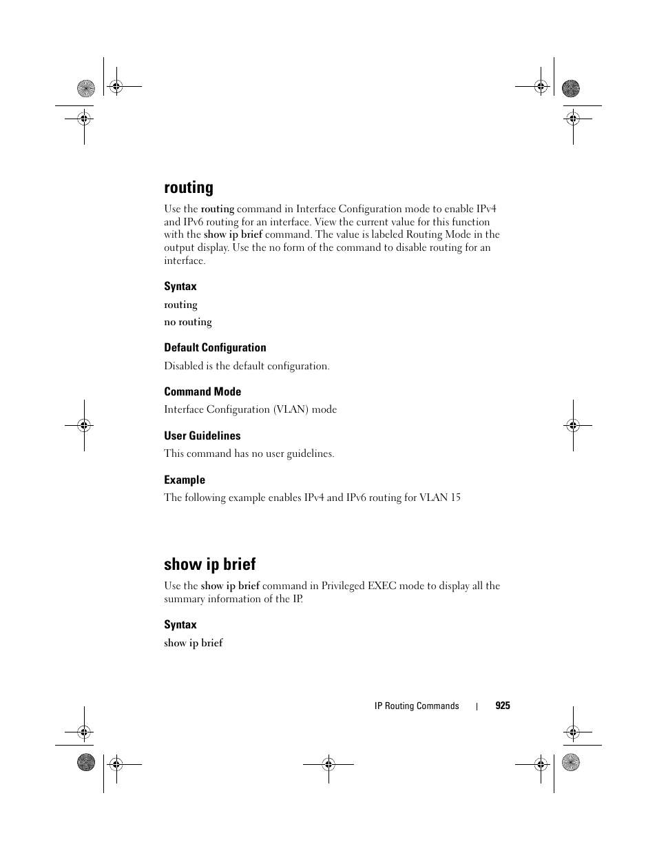 Routing, Syntax, Default configuration | Command mode, User guidelines, Example, Show ip brief | Dell POWEREDGE M1000E User Manual | Page 925 / 1682