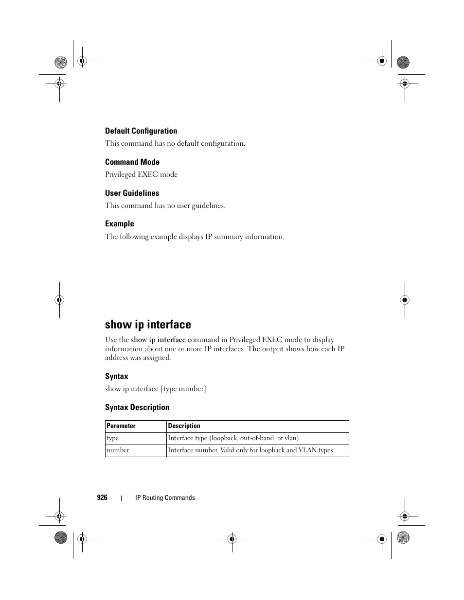 Default configuration, Command mode, User guidelines | Example, Show ip interface, Syntax, Syntax description | Dell POWEREDGE M1000E User Manual | Page 926 / 1682