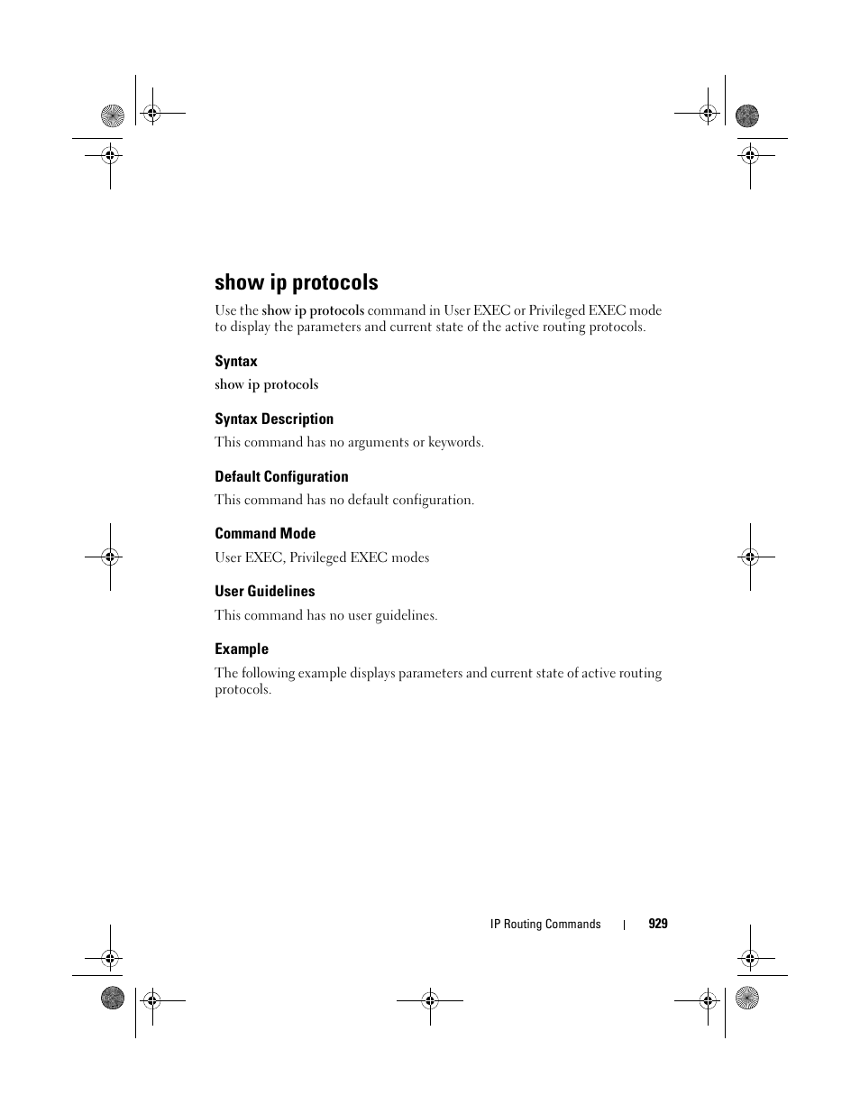 Show ip protocols, Syntax, Syntax description | Default configuration, Command mode, User guidelines, Example | Dell POWEREDGE M1000E User Manual | Page 929 / 1682