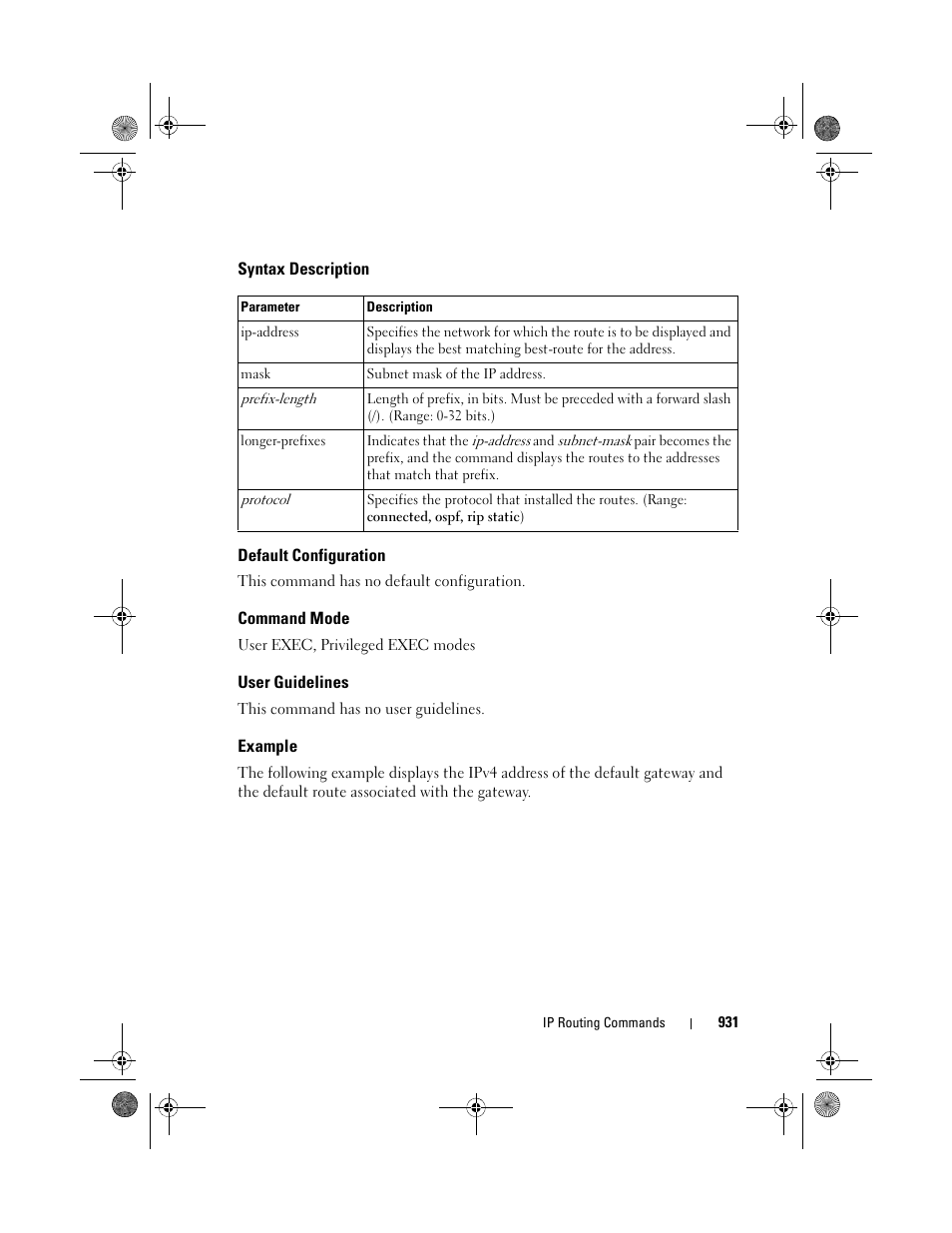 Syntax description, Default configuration, Command mode | User guidelines, Example | Dell POWEREDGE M1000E User Manual | Page 931 / 1682