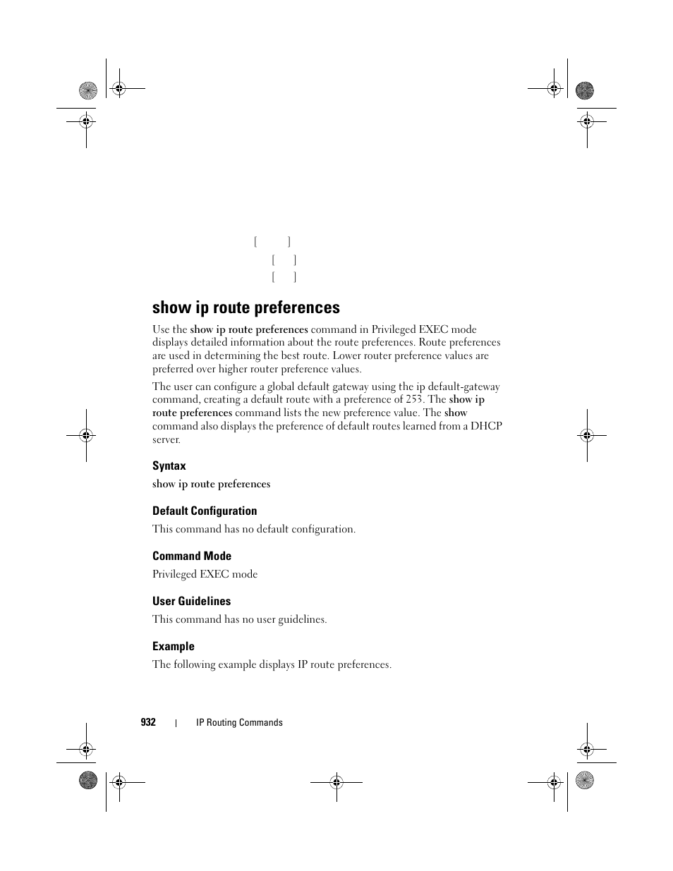 Show ip route preferences, Syntax, Default configuration | Command mode, User guidelines, Example | Dell POWEREDGE M1000E User Manual | Page 932 / 1682