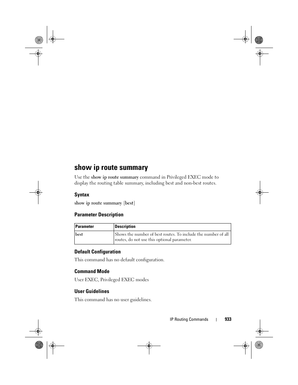 Show ip route summary, Syntax, Parameter description | Default configuration, Command mode, User guidelines | Dell POWEREDGE M1000E User Manual | Page 933 / 1682