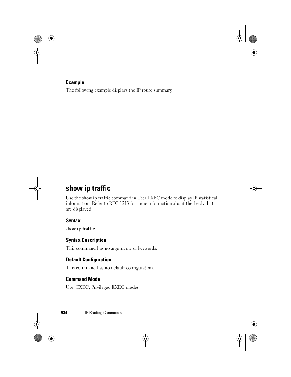 Example, Show ip traffic, Syntax | Syntax description, Default configuration, Command mode | Dell POWEREDGE M1000E User Manual | Page 934 / 1682