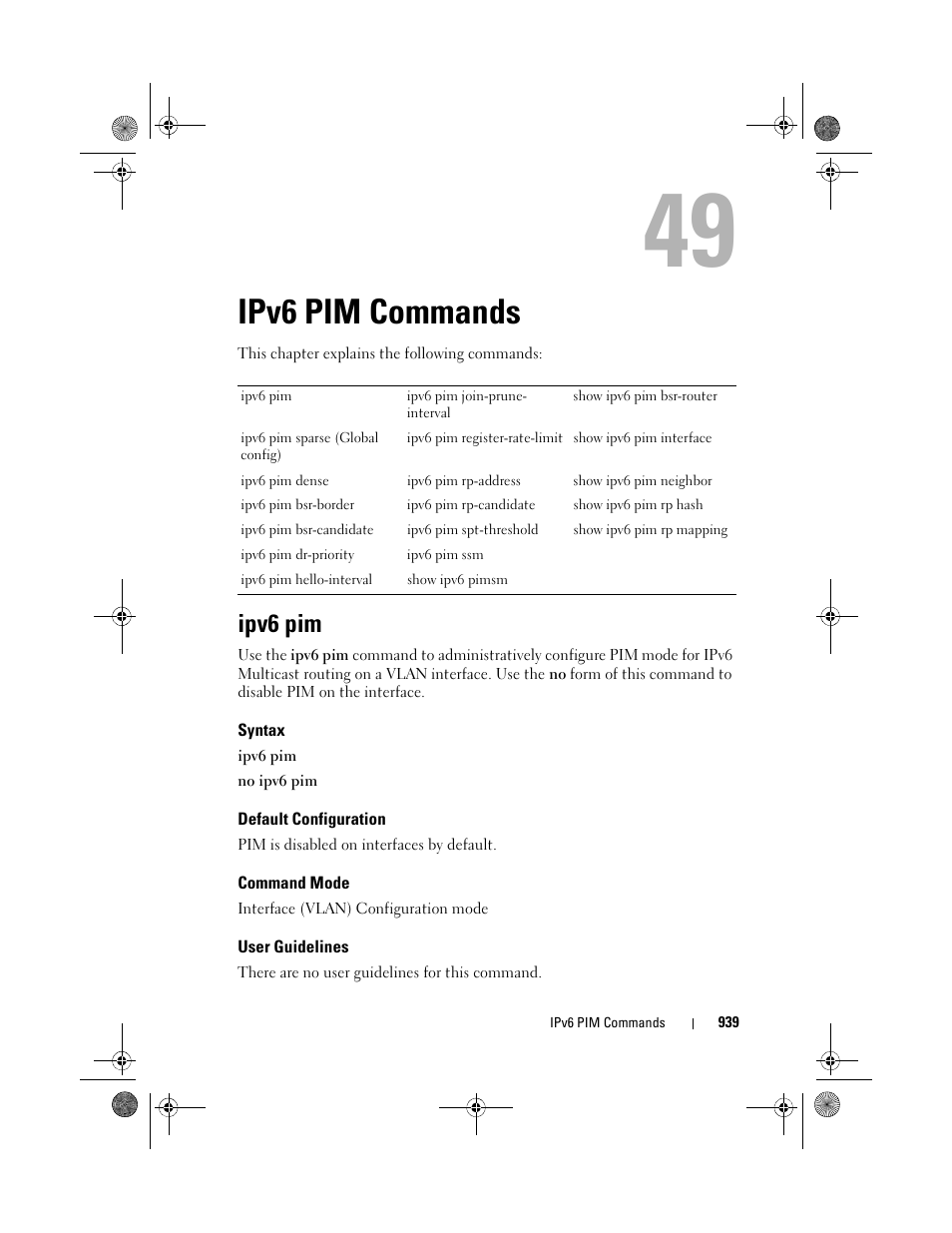 Ipv6 pim commands, Ipv6 pim, Syntax | Default configuration, Command mode, User guidelines | Dell POWEREDGE M1000E User Manual | Page 939 / 1682