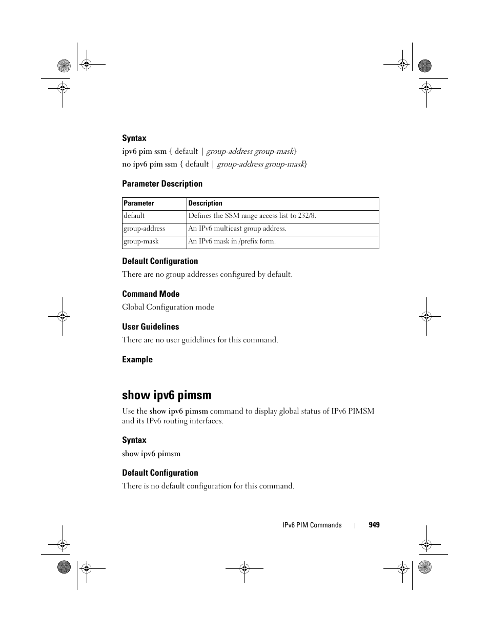 Syntax, Parameter description, Default configuration | Command mode, User guidelines, Example, Show ipv6 pimsm | Dell POWEREDGE M1000E User Manual | Page 949 / 1682