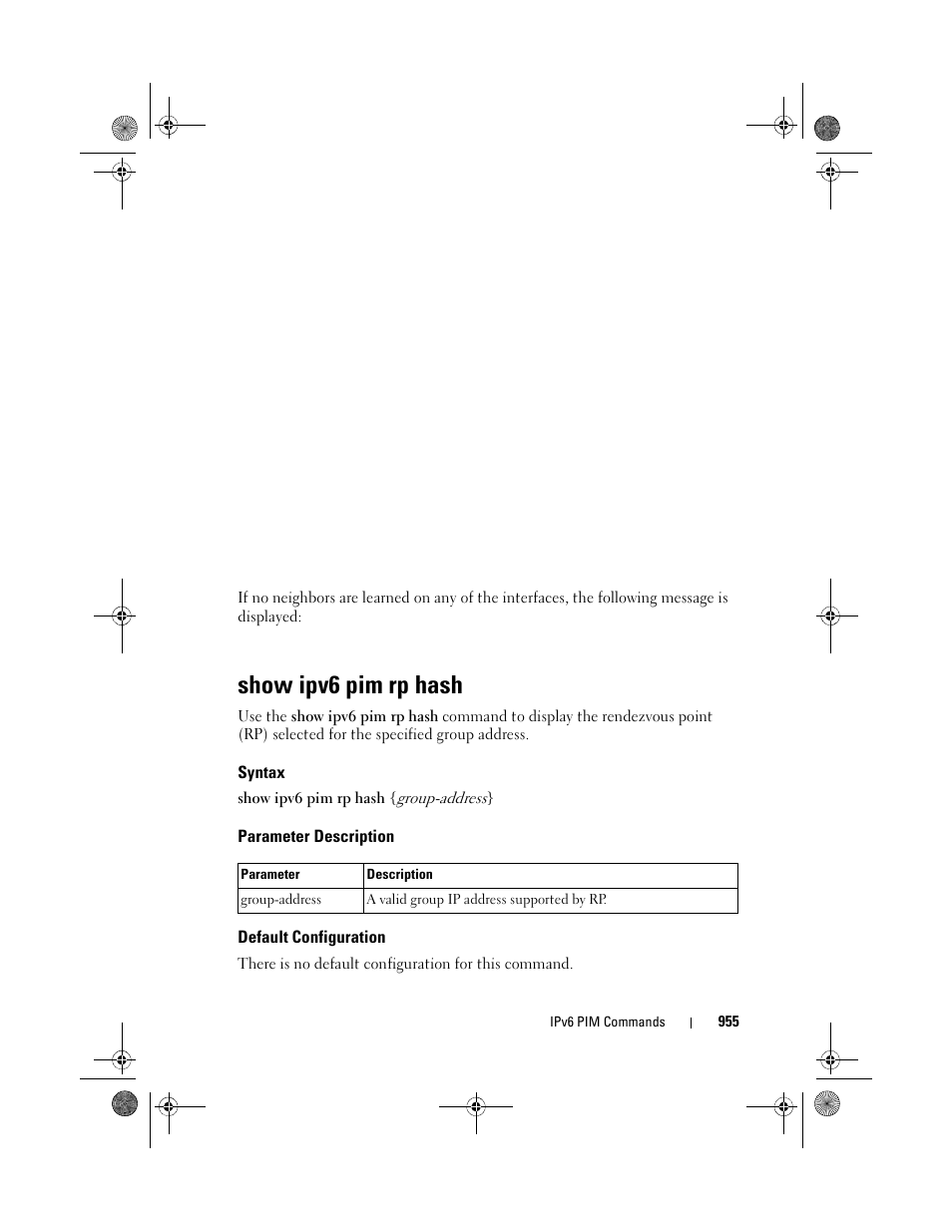 Show ipv6 pim rp hash, Syntax, Parameter description | Default configuration | Dell POWEREDGE M1000E User Manual | Page 955 / 1682
