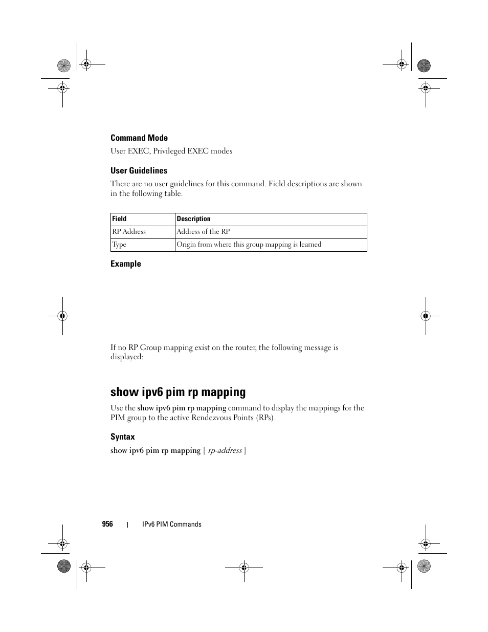 Command mode, User guidelines, Example | Show ipv6 pim rp mapping, Syntax | Dell POWEREDGE M1000E User Manual | Page 956 / 1682