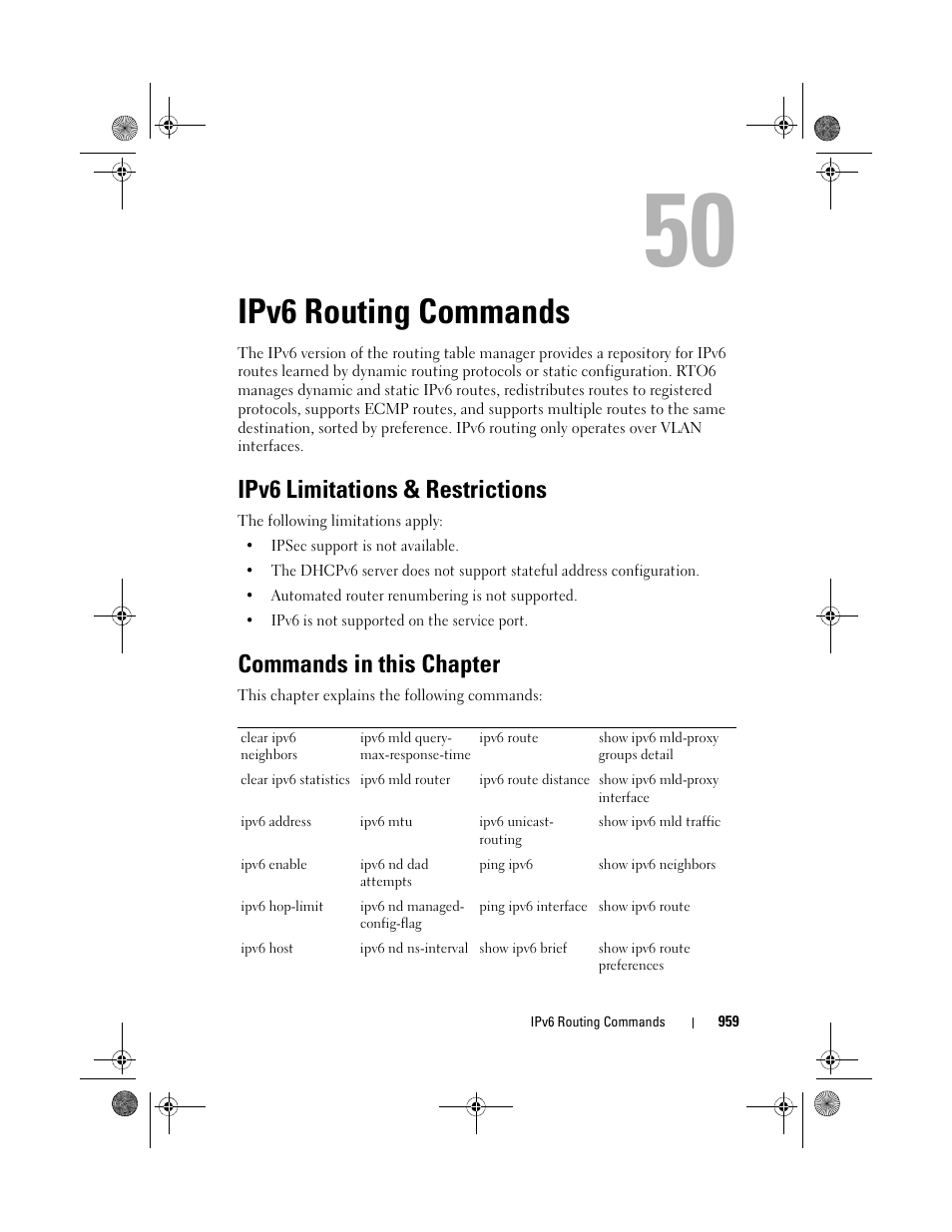 Ipv6 routing commands, Ipv6 limitations & restrictions, Commands in this chapter | Dell POWEREDGE M1000E User Manual | Page 959 / 1682