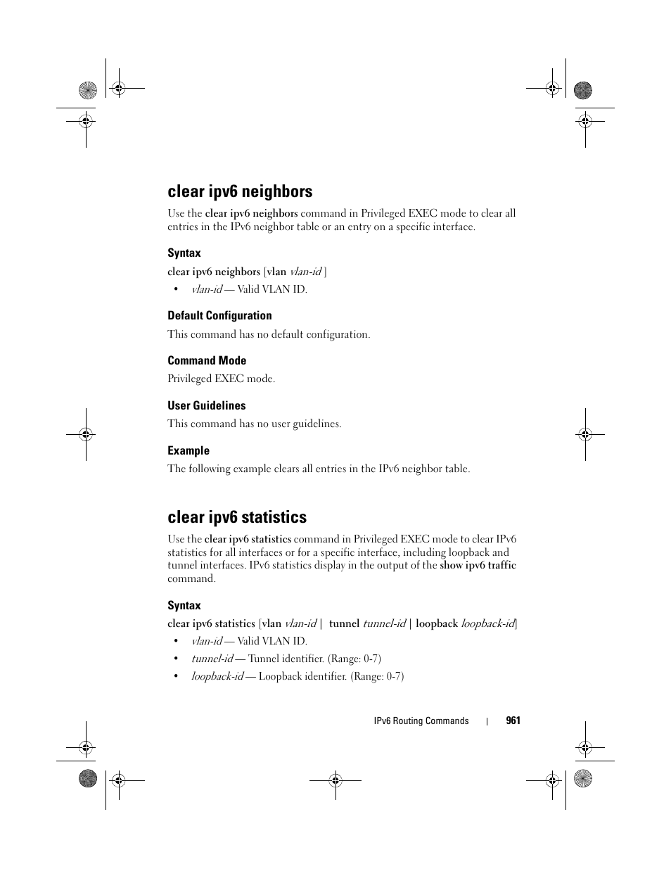 Clear ipv6 neighbors, Syntax, Default configuration | Command mode, User guidelines, Example, Clear ipv6 statistics, Clear ipv6, Neighbors | Dell POWEREDGE M1000E User Manual | Page 961 / 1682