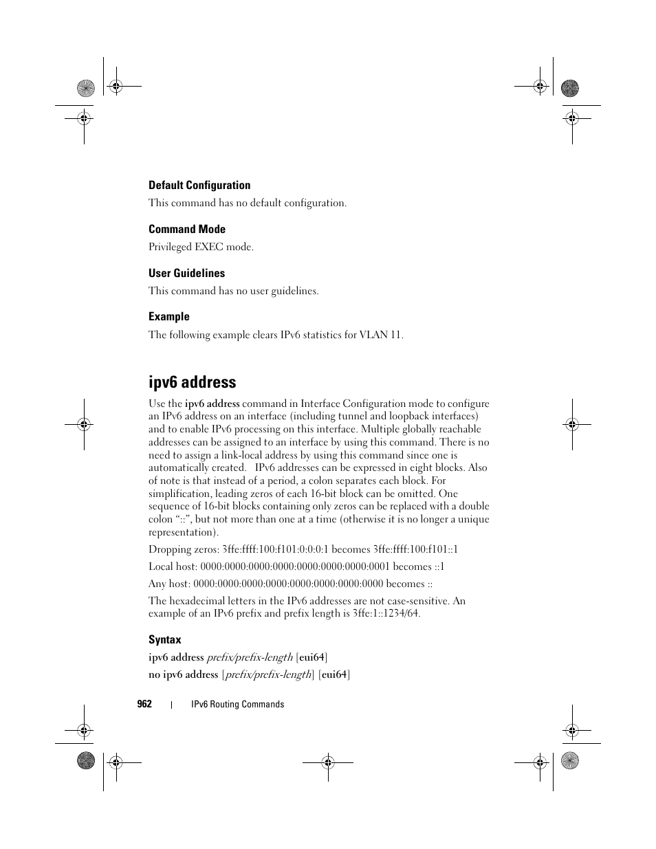 Default configuration, Command mode, User guidelines | Example, Ipv6 address, Syntax | Dell POWEREDGE M1000E User Manual | Page 962 / 1682