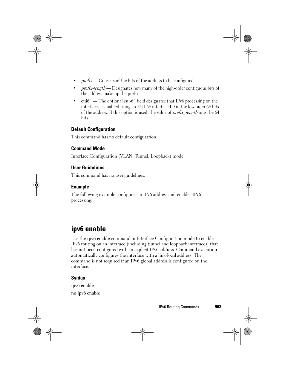 Default configuration, Command mode, User guidelines | Example, Ipv6 enable, Syntax | Dell POWEREDGE M1000E User Manual | Page 963 / 1682