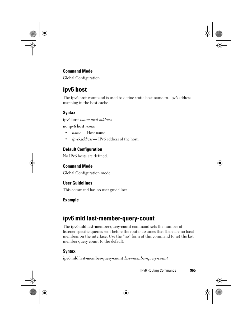 Command mode, Ipv6 host, Syntax | Default configuration, User guidelines, Example, Ipv6 mld last-member-query-count, Ipv6 mld last, Member-query, Count | Dell POWEREDGE M1000E User Manual | Page 965 / 1682