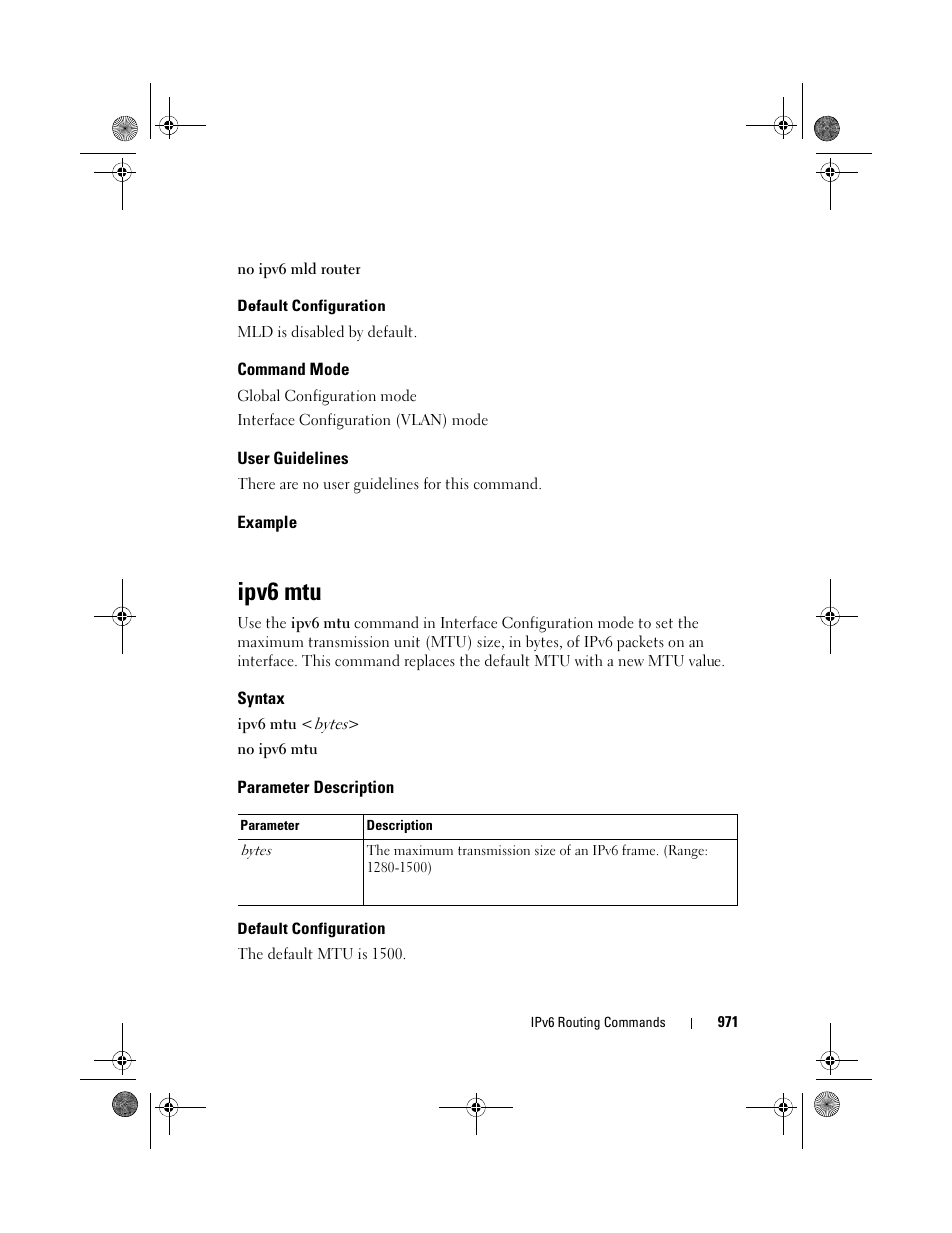 Default configuration, Command mode, User guidelines | Example, Ipv6 mtu, Syntax, Parameter description | Dell POWEREDGE M1000E User Manual | Page 971 / 1682