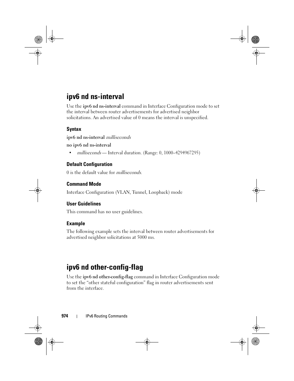 Ipv6 nd ns-interval, Syntax, Default configuration | Command mode, User guidelines, Example, Ipv6 nd other-config-flag, Ipv6 nd other, Config-flag | Dell POWEREDGE M1000E User Manual | Page 974 / 1682