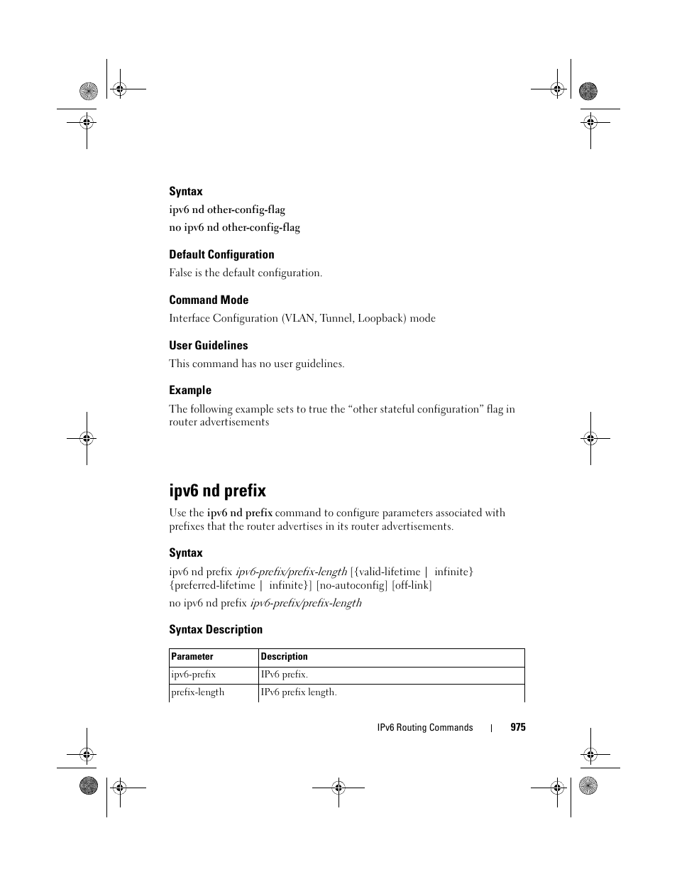 Syntax, Default configuration, Command mode | User guidelines, Example, Ipv6 nd prefix, Syntax description | Dell POWEREDGE M1000E User Manual | Page 975 / 1682