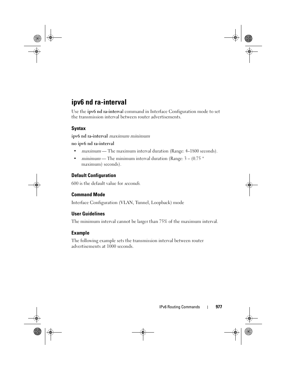 Ipv6 nd ra-interval, Syntax, Default configuration | Command mode, User guidelines, Example | Dell POWEREDGE M1000E User Manual | Page 977 / 1682