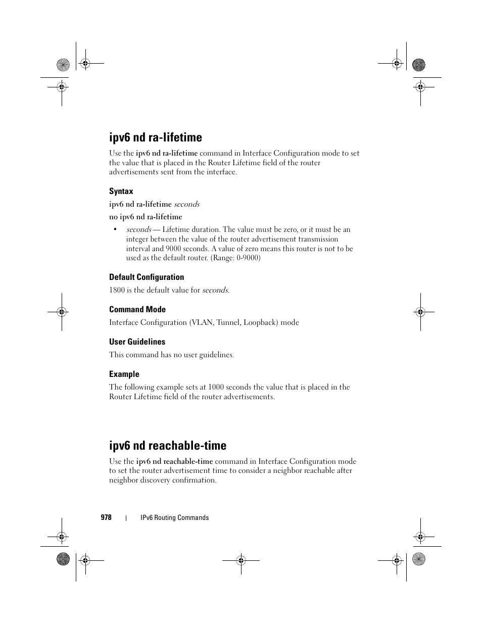 Ipv6 nd ra-lifetime, Syntax, Default configuration | Command mode, User guidelines, Example, Ipv6 nd reachable-time, Ipv6 nd reachable, Time | Dell POWEREDGE M1000E User Manual | Page 978 / 1682