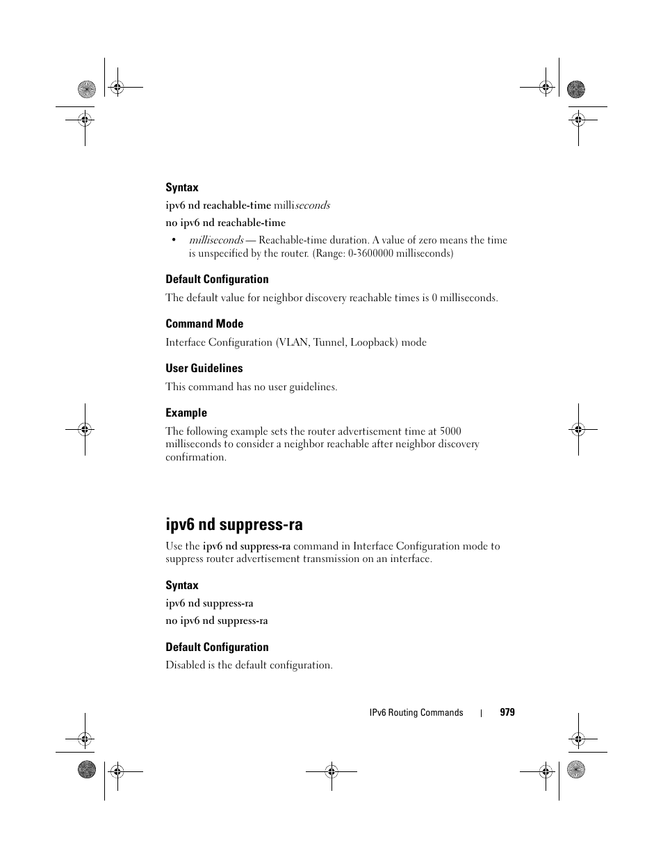 Syntax, Default configuration, Command mode | User guidelines, Example, Ipv6 nd suppress-ra | Dell POWEREDGE M1000E User Manual | Page 979 / 1682