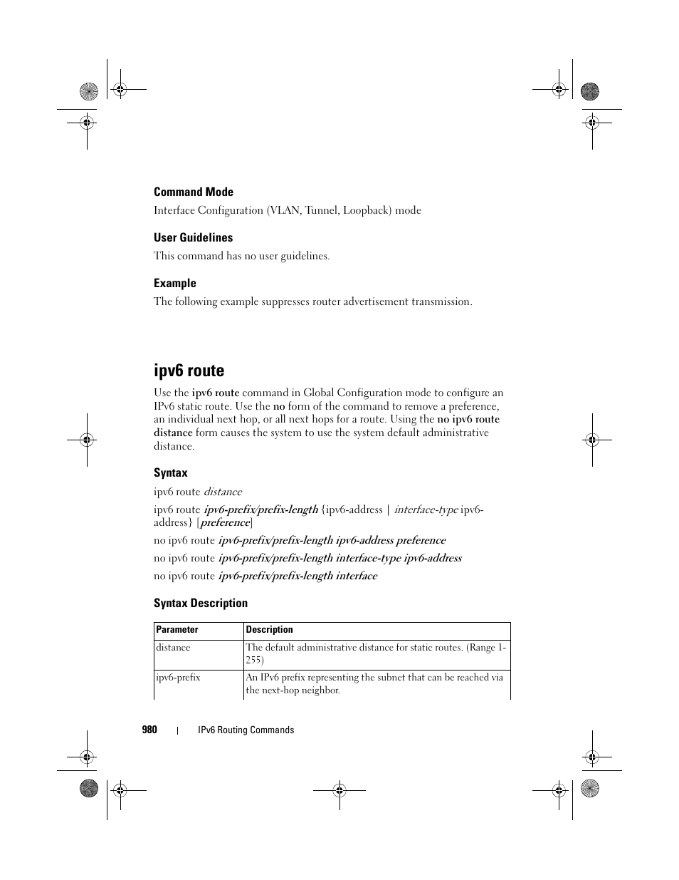 Command mode, User guidelines, Example | Ipv6 route, Syntax, Syntax description | Dell POWEREDGE M1000E User Manual | Page 980 / 1682