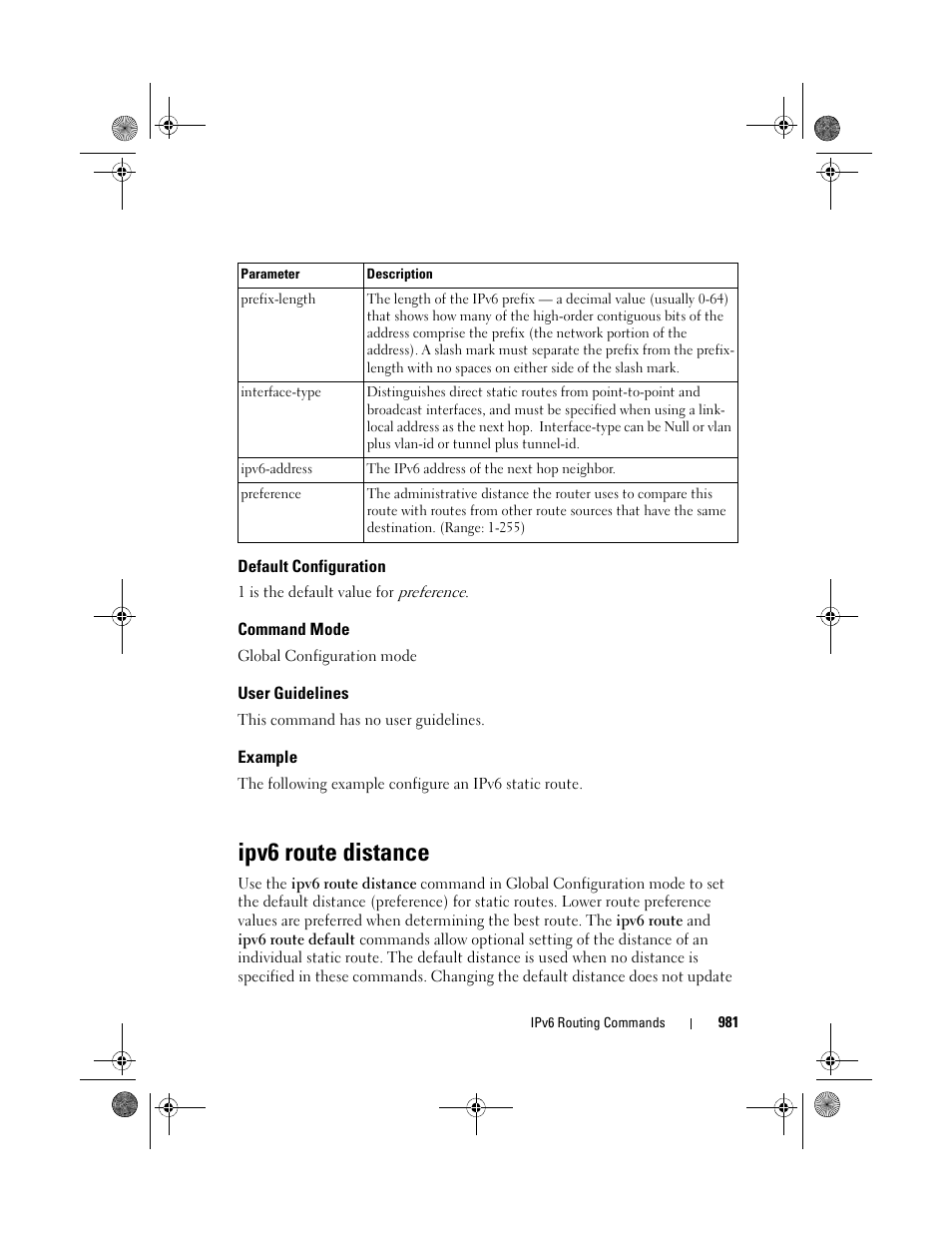 Default configuration, Command mode, User guidelines | Example, Ipv6 route distance | Dell POWEREDGE M1000E User Manual | Page 981 / 1682