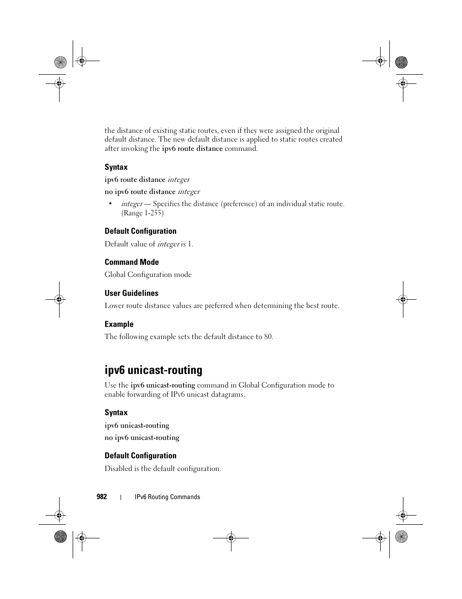 Syntax, Default configuration, Command mode | User guidelines, Example, Ipv6 unicast-routing, Ipv6 unicast, Routing | Dell POWEREDGE M1000E User Manual | Page 982 / 1682