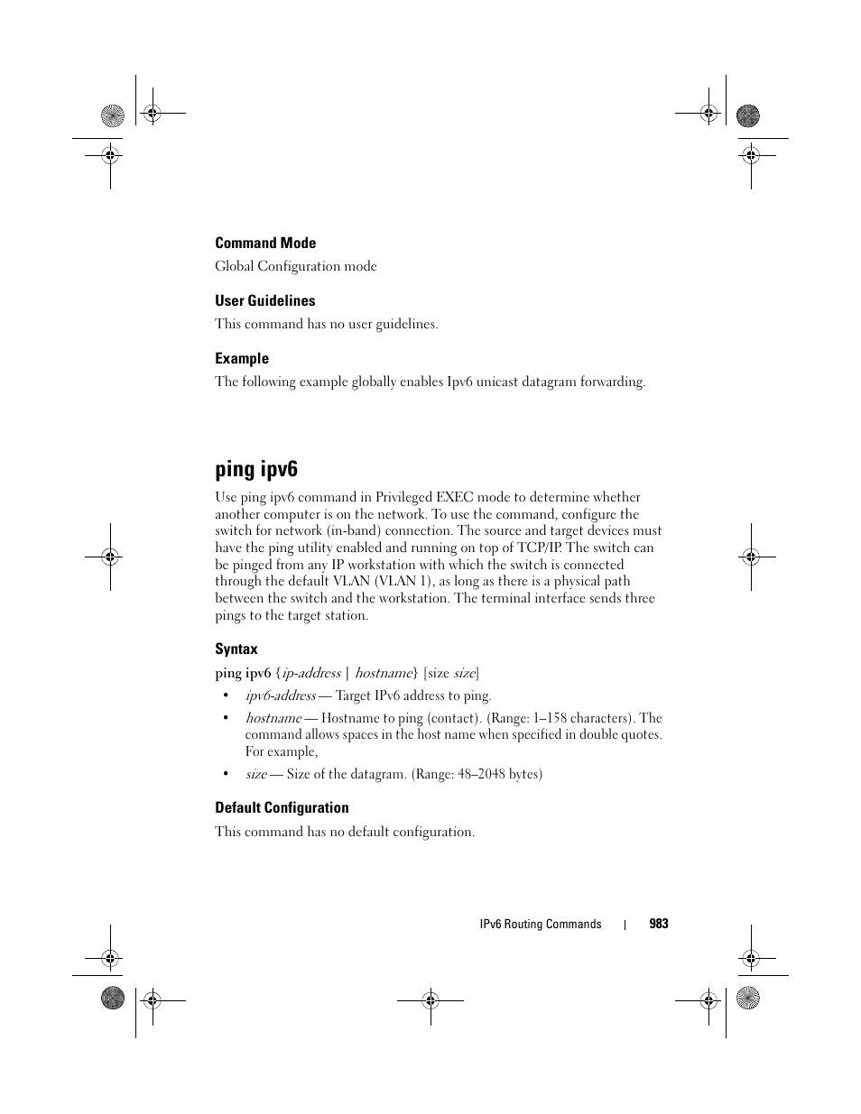 Command mode, User guidelines, Example | Ping ipv6, Syntax, Default configuration | Dell POWEREDGE M1000E User Manual | Page 983 / 1682