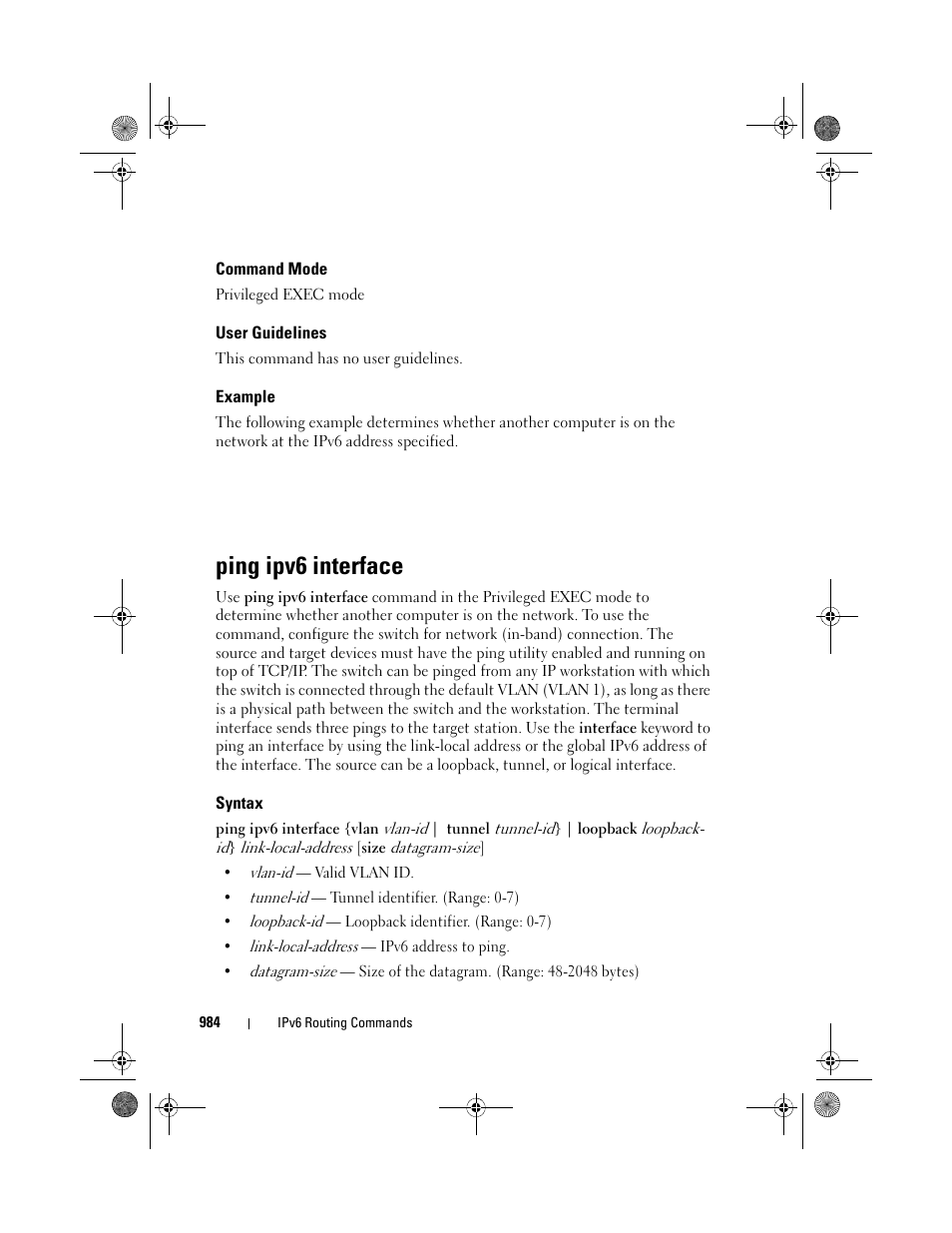 Command mode, User guidelines, Example | Ping ipv6 interface, Syntax | Dell POWEREDGE M1000E User Manual | Page 984 / 1682