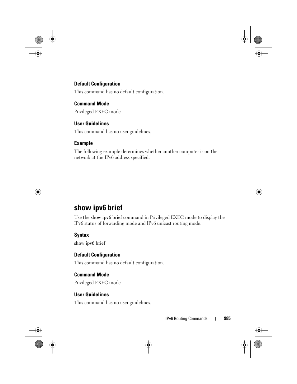 Default configuration, Command mode, User guidelines | Example, Show ipv6 brief, Syntax | Dell POWEREDGE M1000E User Manual | Page 985 / 1682