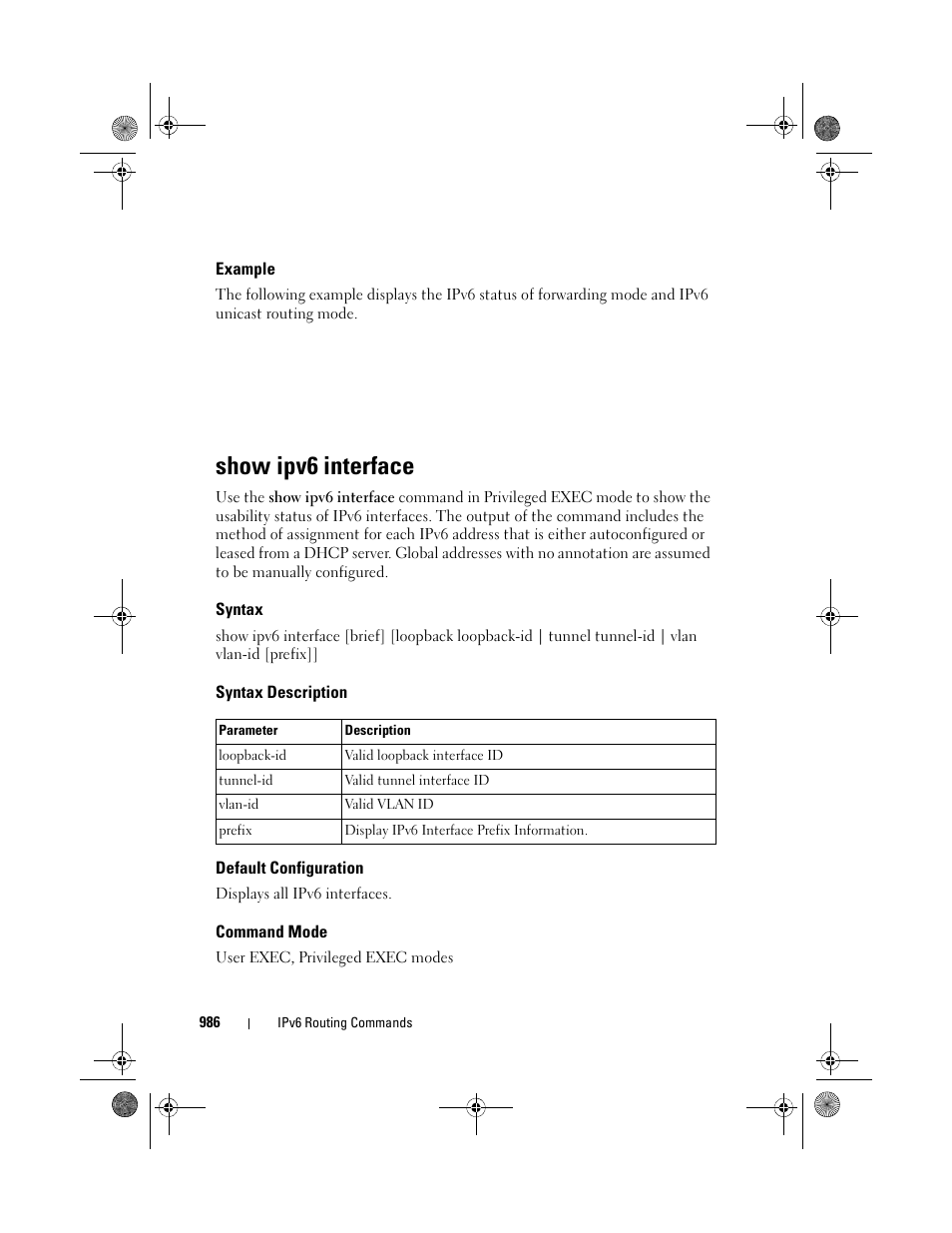 Example, Show ipv6 interface, Syntax | Syntax description, Default configuration, Command mode | Dell POWEREDGE M1000E User Manual | Page 986 / 1682