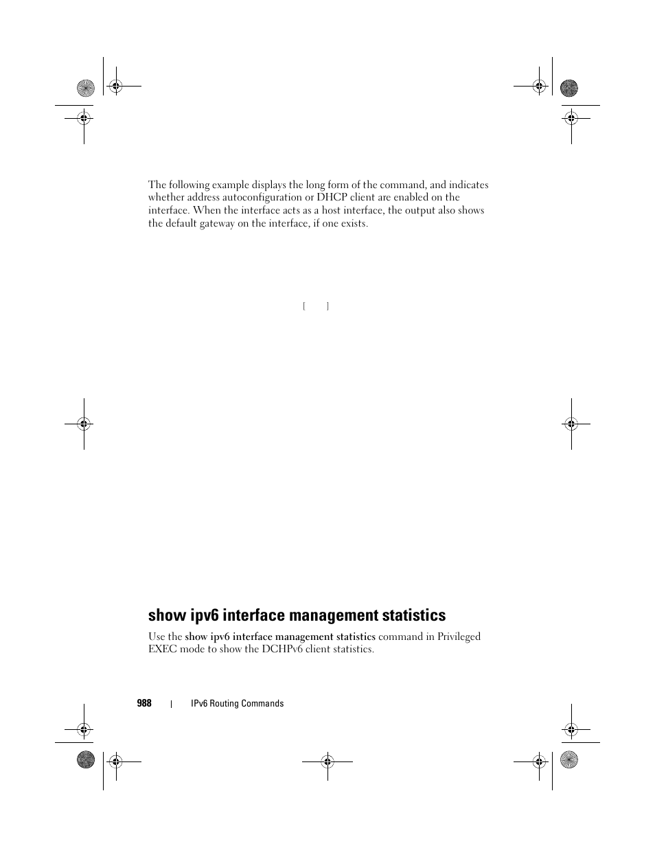 Show ipv6 interface management statistics, Show ipv6 interface, Management | Statistics | Dell POWEREDGE M1000E User Manual | Page 988 / 1682