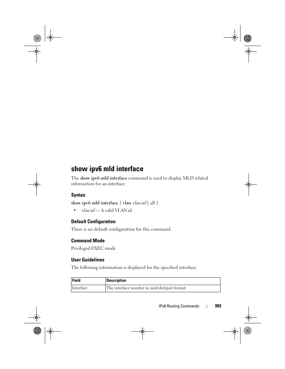 Show ipv6 mld interface, Syntax, Default configuration | Command mode, User guidelines, Show ipv6 mld, Interface | Dell POWEREDGE M1000E User Manual | Page 993 / 1682