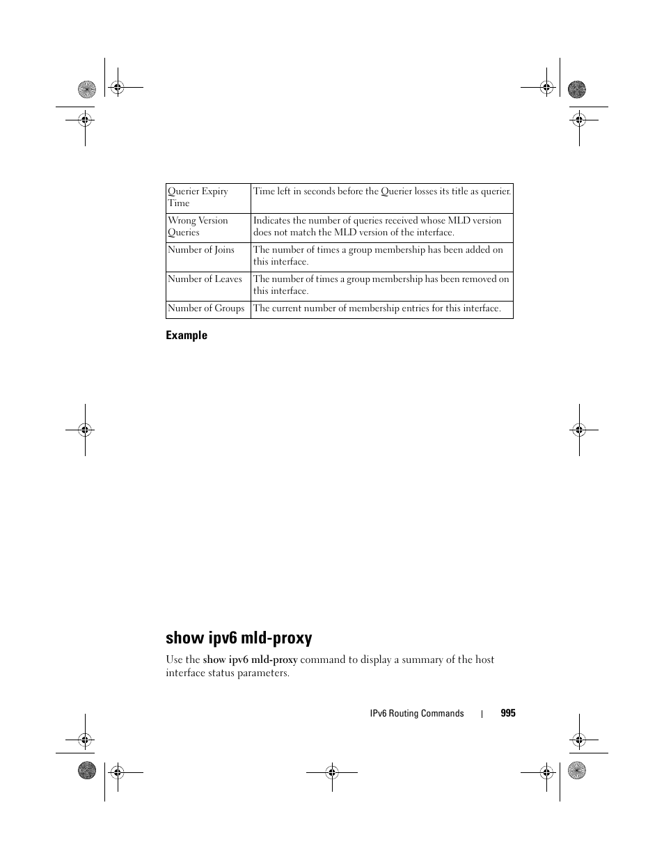 Example, Show ipv6 mld-proxy, Show ipv6 mld | Proxy | Dell POWEREDGE M1000E User Manual | Page 995 / 1682