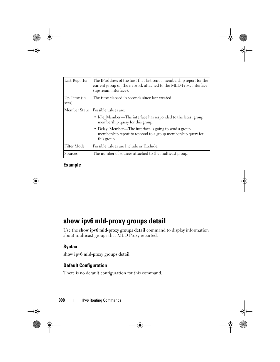 Example, Show ipv6 mld-proxy groups detail, Syntax | Default configuration, Show ipv6 mld-proxy, Groups detail | Dell POWEREDGE M1000E User Manual | Page 998 / 1682