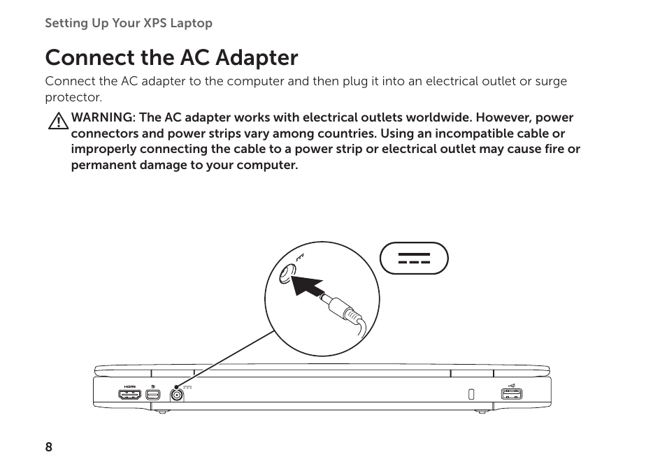 Connect the ac adapter | Dell XPS 14 (L401X, Late 2010) User Manual | Page 10 / 106